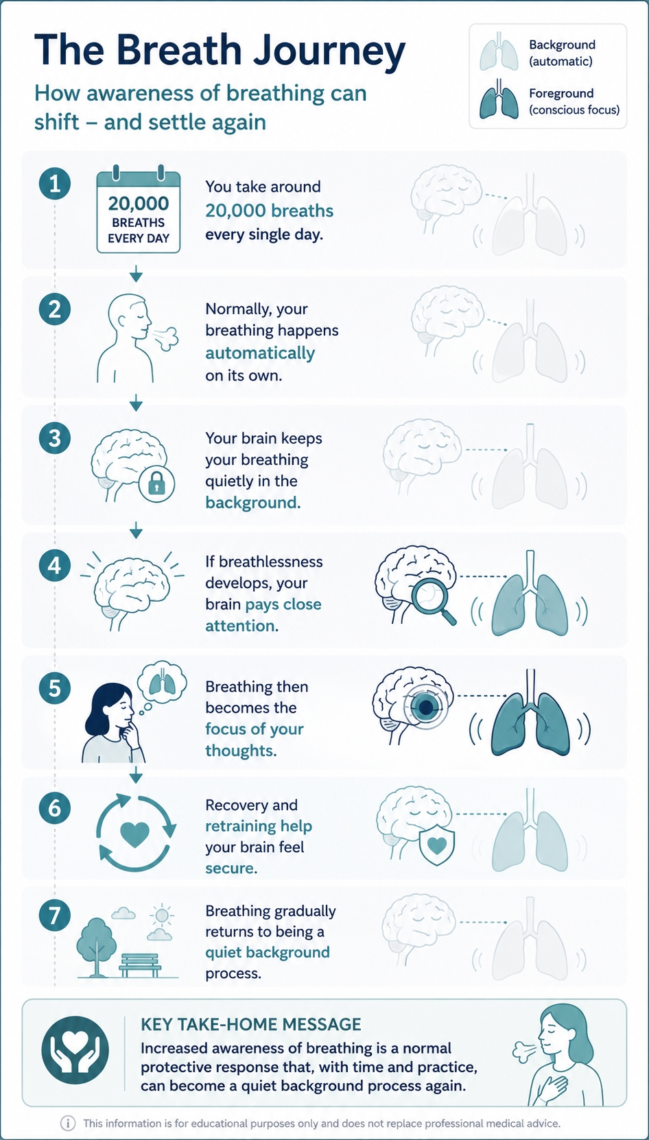 The Breath Journey infographic: a seven-step diagram showing how awareness of breathing can shift from an automatic background process into the foreground when breathlessness develops, and how recovery and retraining help it settle again