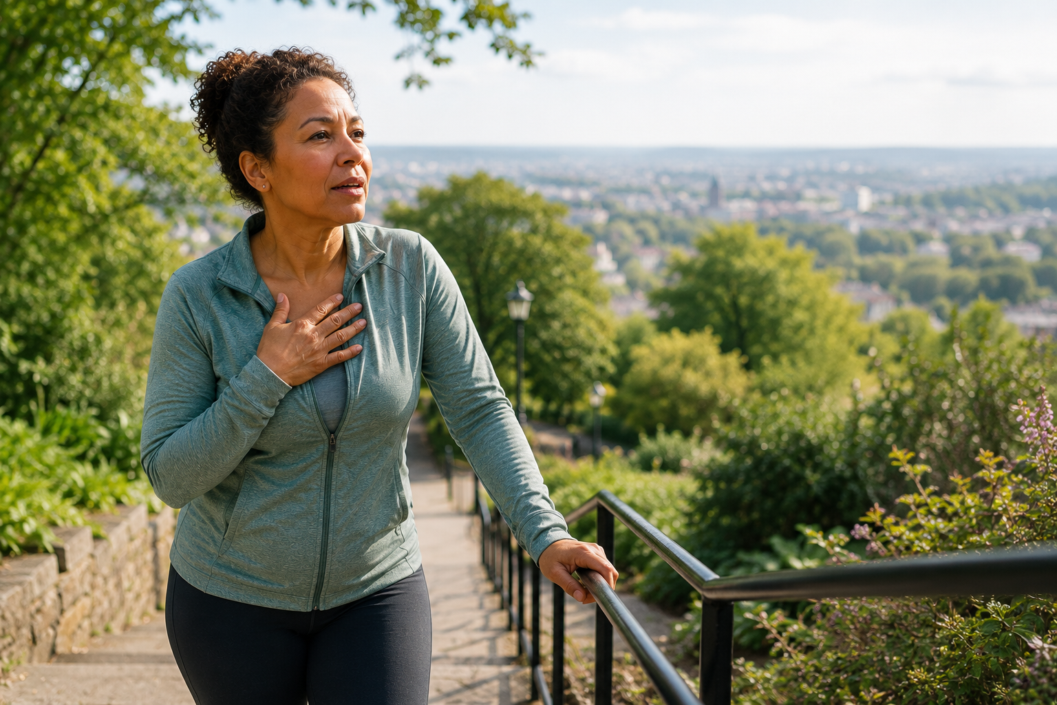 A woman pausing on outdoor steps with a hand on her chest, taking a quiet breath