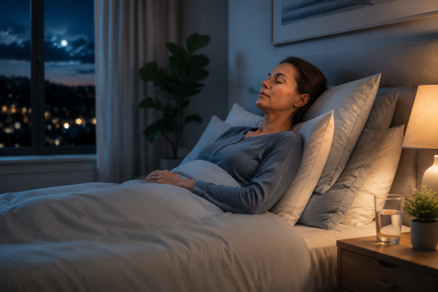 A woman resting propped up on pillows in bed at night, eyes closed, with a lamp glowing softly on the bedside table and moonlight through the window