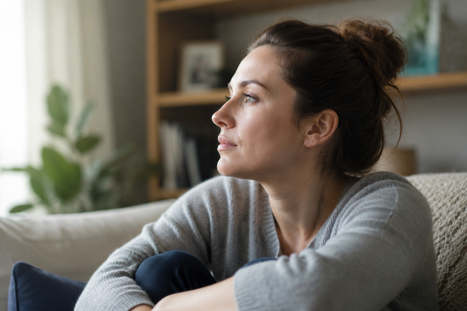 A woman with dark hair tied up sits on a sofa in soft daylight, looking thoughtfully into the distance
