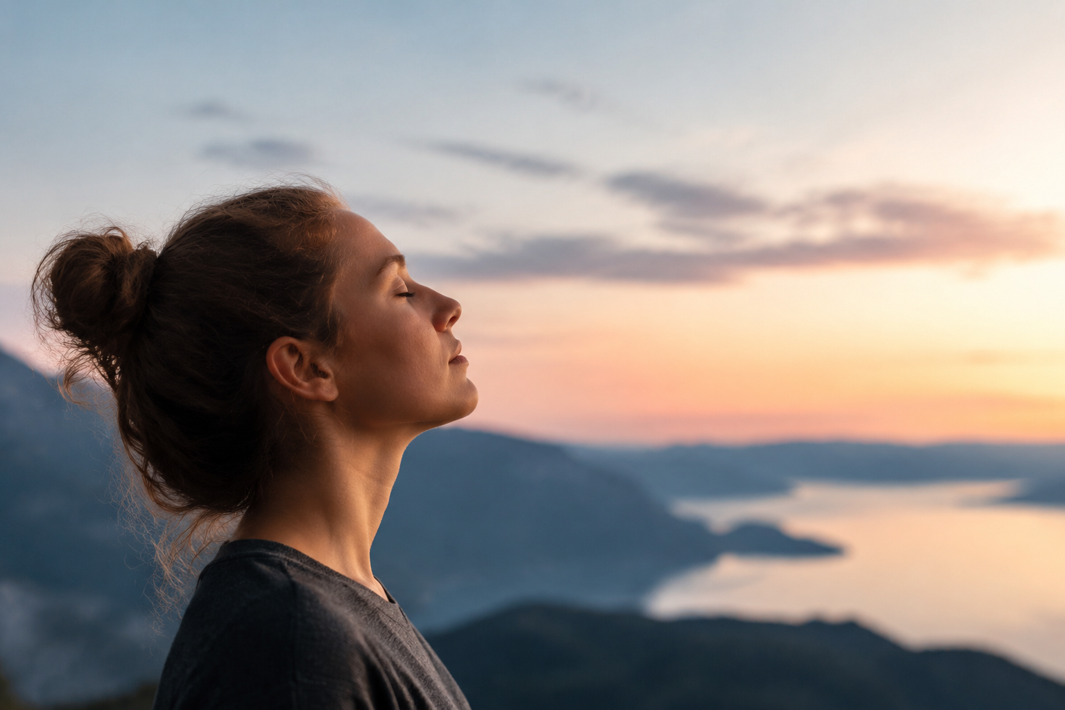 A woman stands outdoors at sunset with her eyes closed and head tilted gently upwards, breathing calmly above a lake and distant mountains