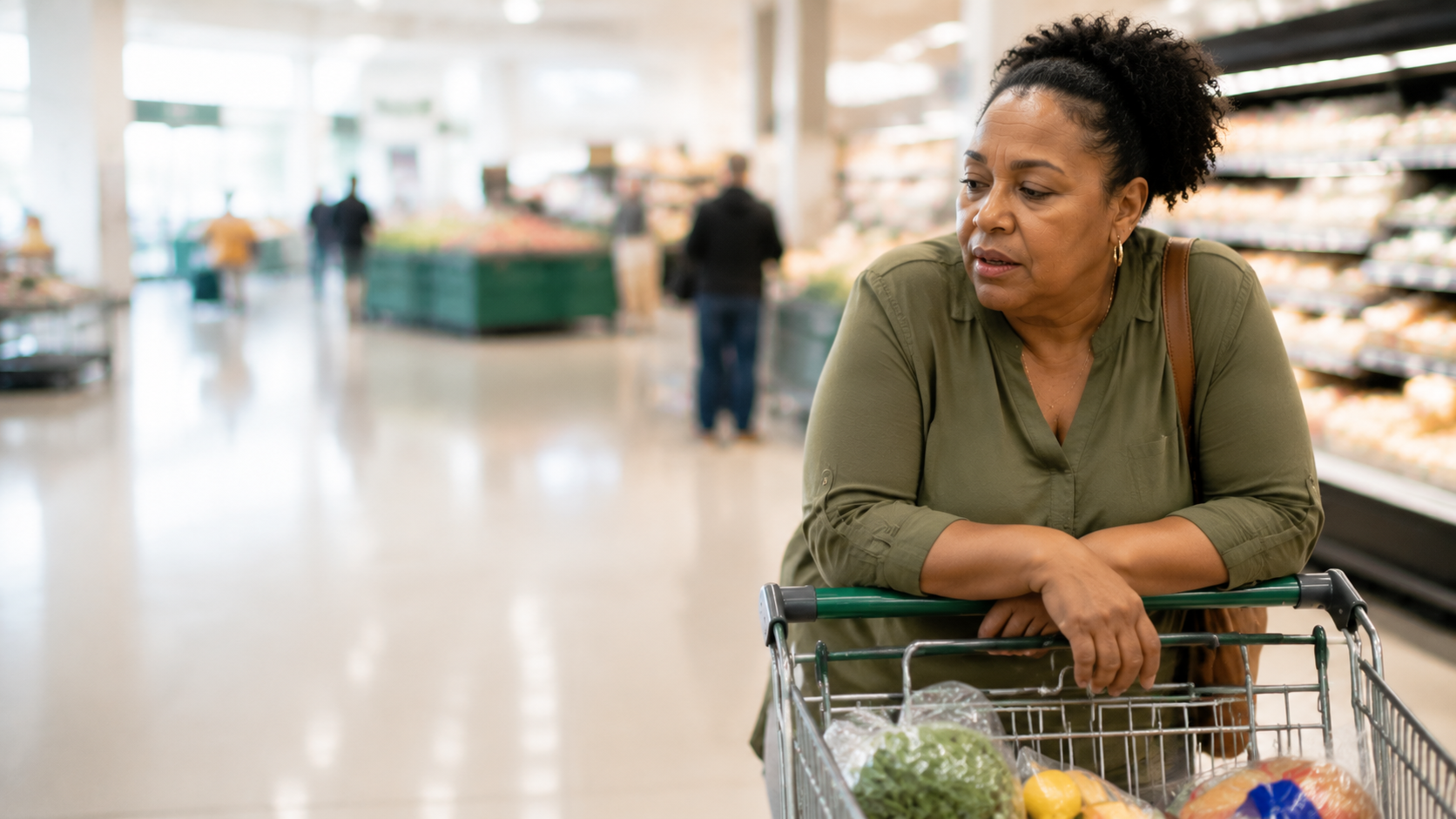 A woman pausing beside her shopping trolley in a supermarket aisle, resting her arms on the handle as she catches her breath