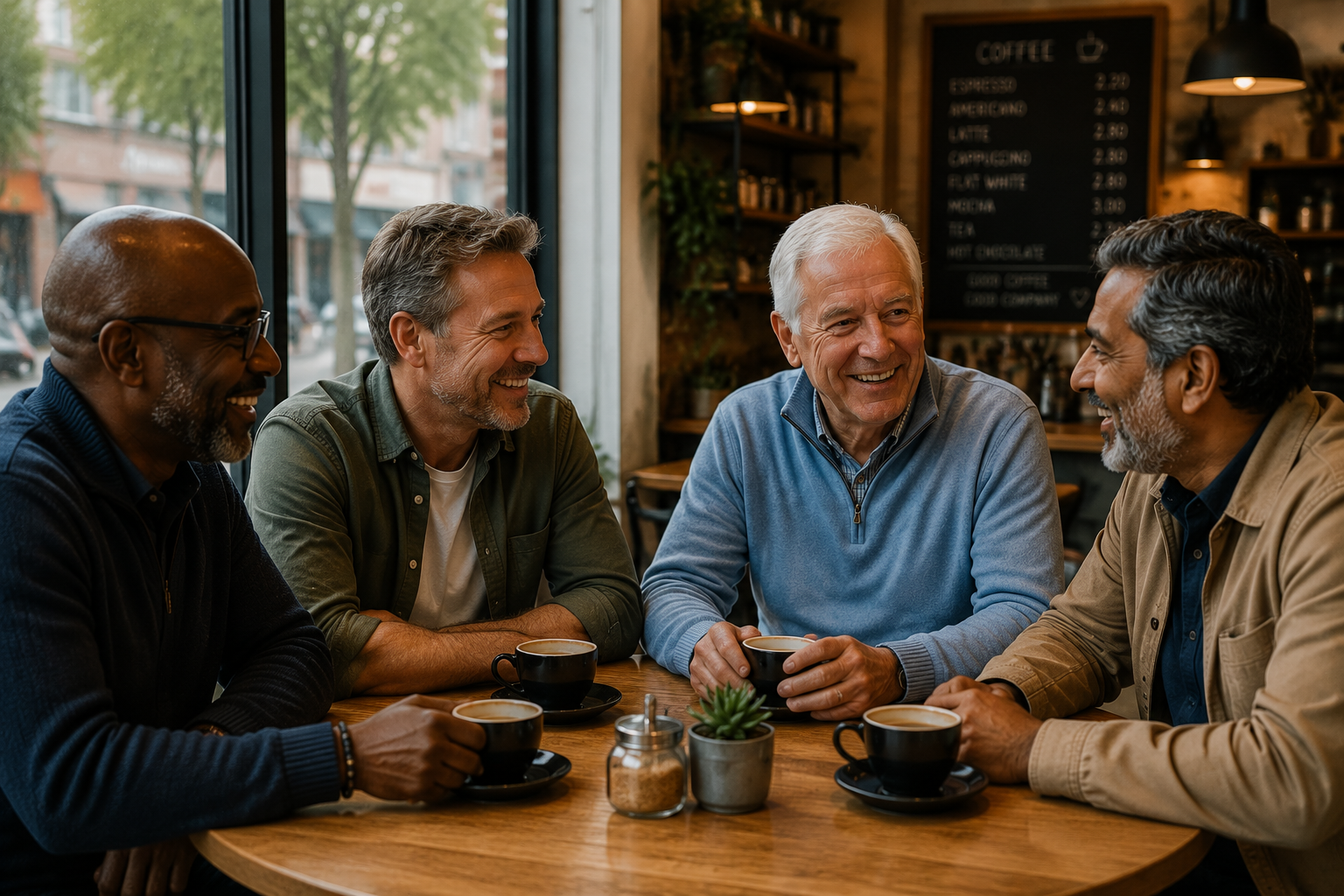 Four older men sitting together around a table in a bright café, smiling and chatting over cups of coffee