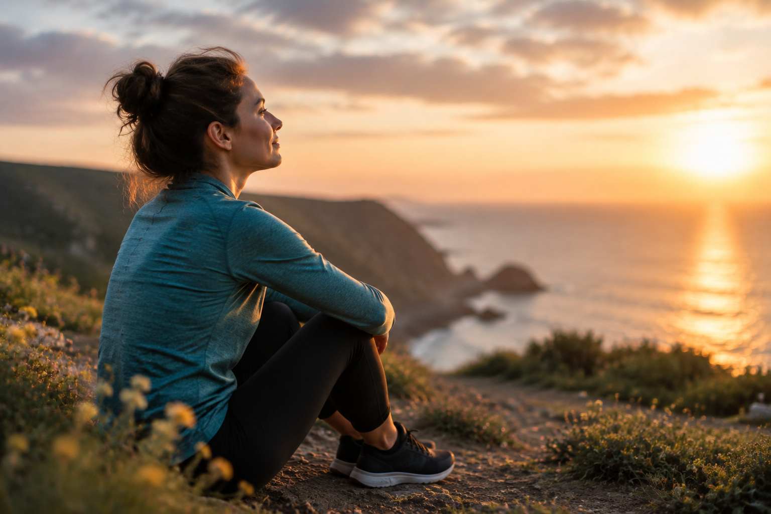 A woman in a teal top sits on a coastal path at sunset, arms resting on her knees, looking calmly out over the sea