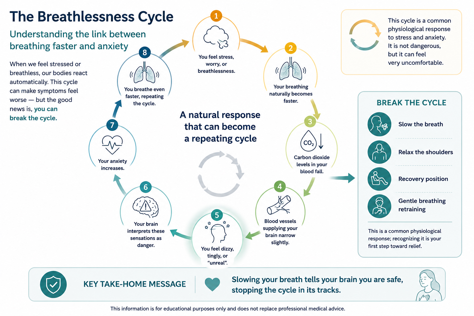 The Breathlessness Cycle infographic: an eight-step diagram showing how stress or worry leads to faster breathing, falling carbon dioxide, narrowed brain blood vessels, unusual sensations, and increasing anxiety — with practical steps to break the cycle